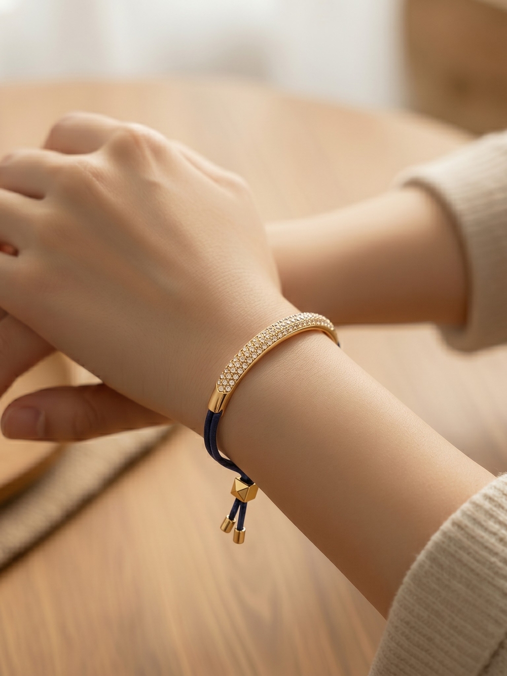 Elegant Gold Crystal Bar Bracelet with Black Cord - Women Jewelry